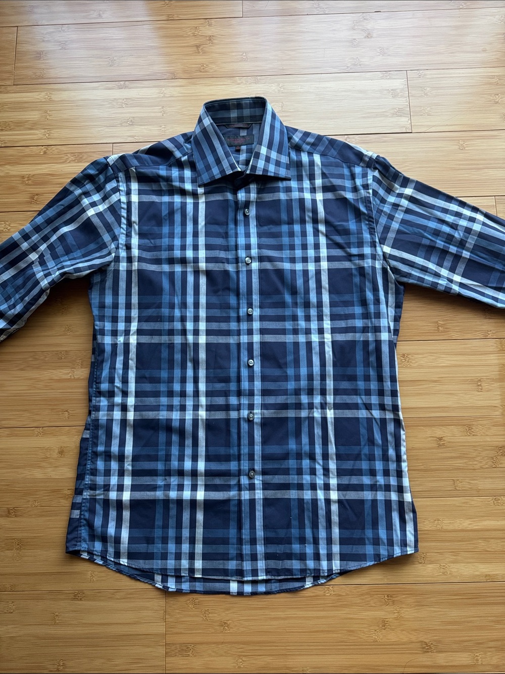 Men's M 33/40 Navy & Light Blue Plaid Dress Shirt Tailored Button-Up Seven Seas
